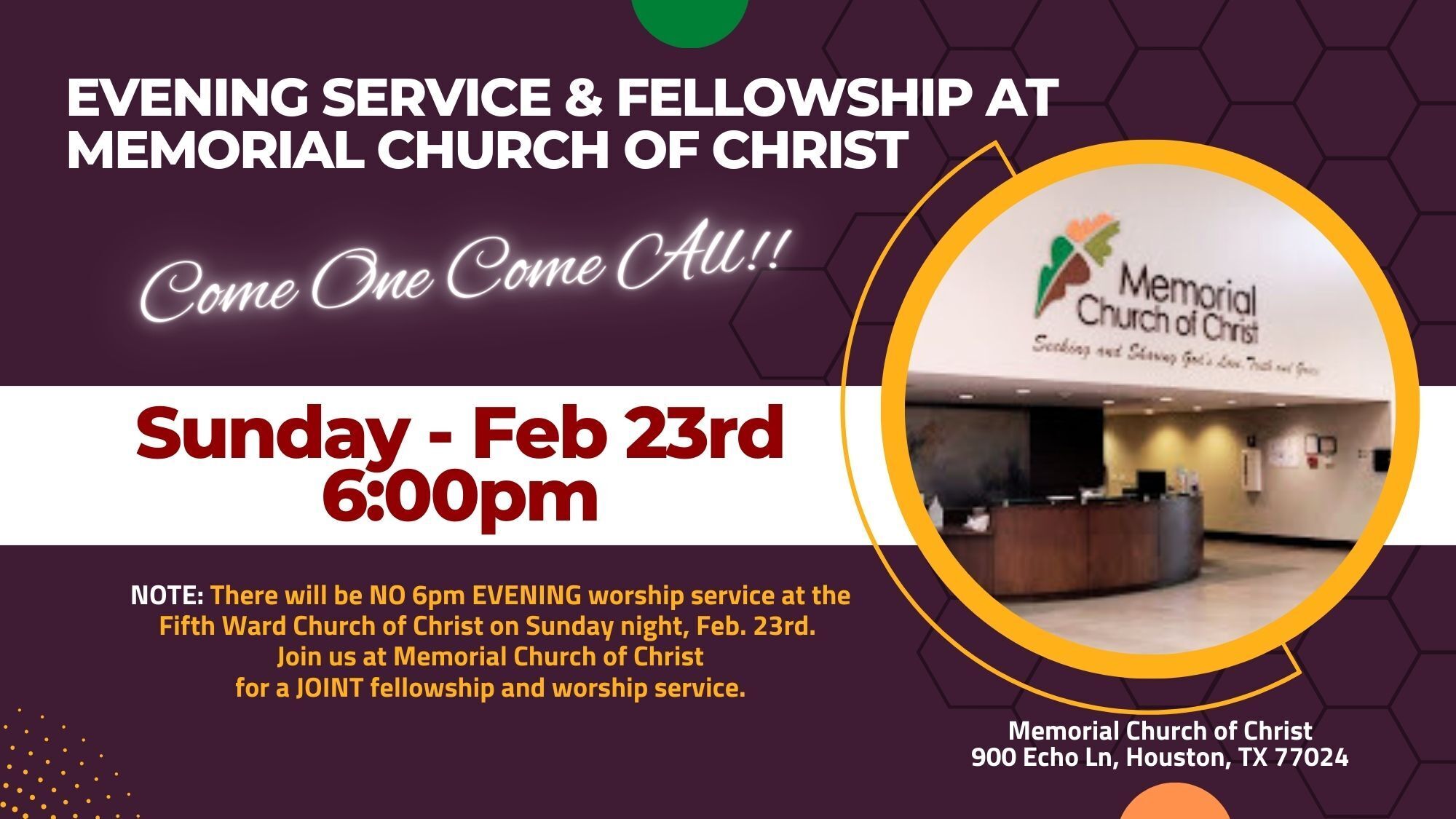 Evening Service and Fellowship with Memorial